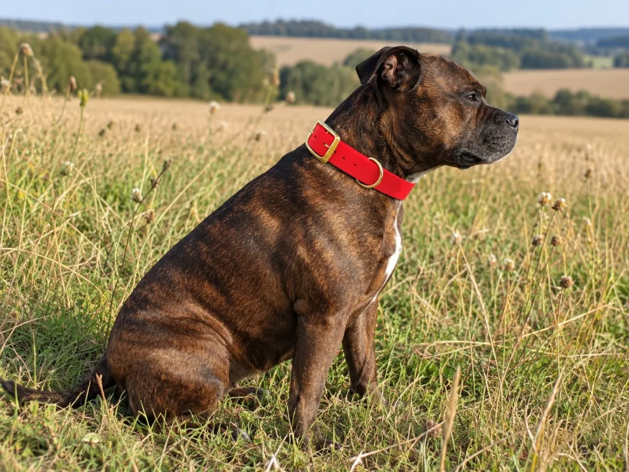 Staffie portant un collier rouge en BioThane® Classico