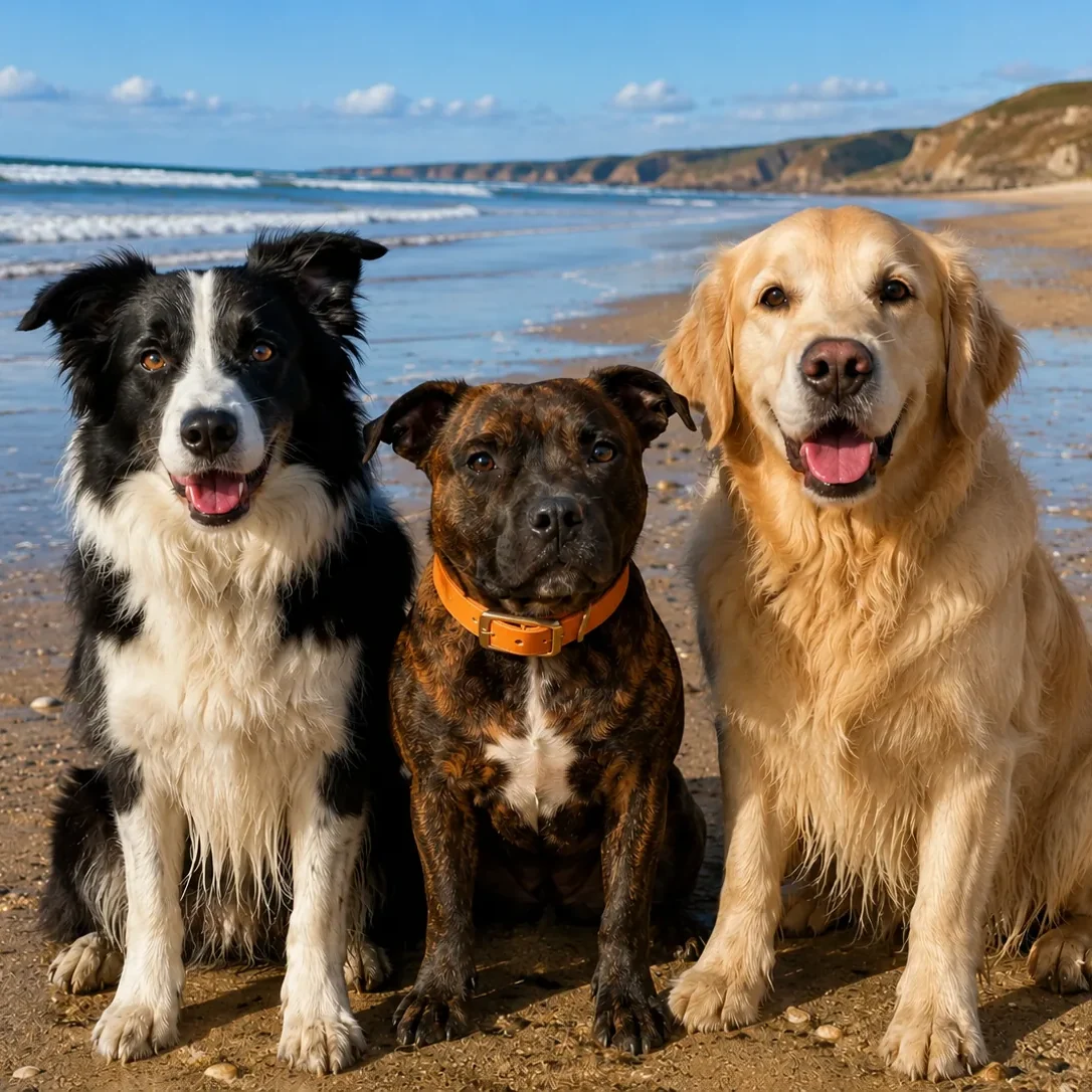 Trois chiens portant des colliers pour chiens Opale et Compagnie sur la plage