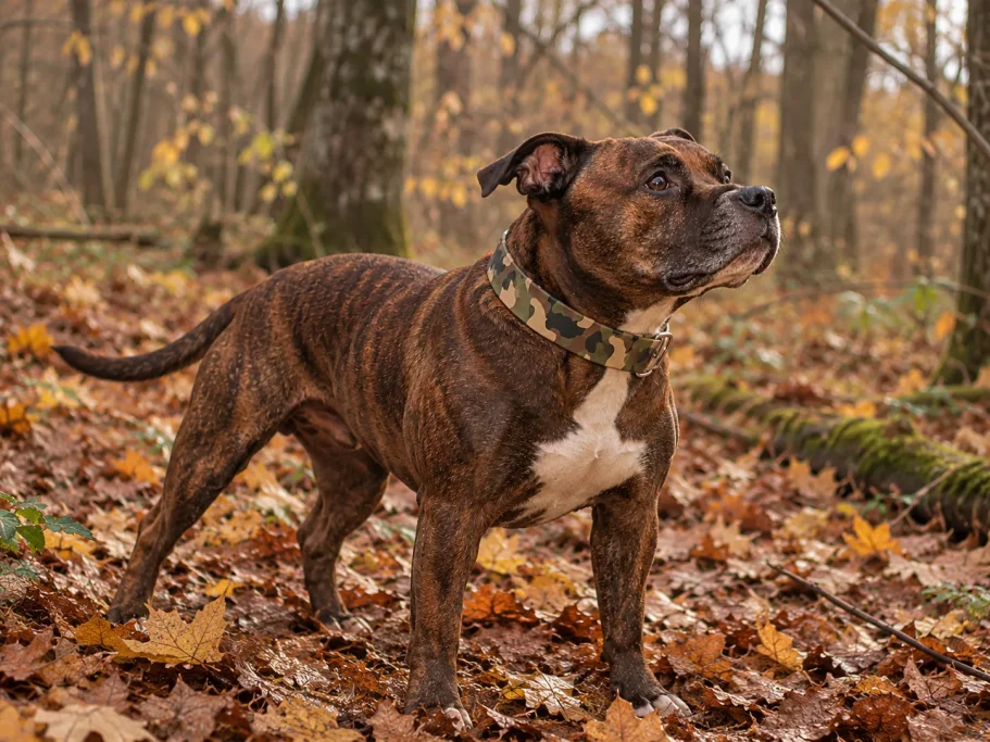 Staffie portant un collier camouflage GI en BioThane® dans une forêt