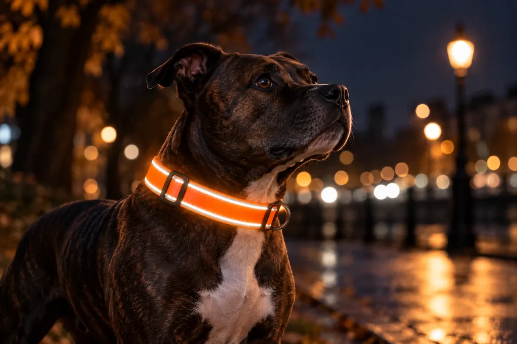 Staffie portant un collier réfléchissant orange Halo de nuit